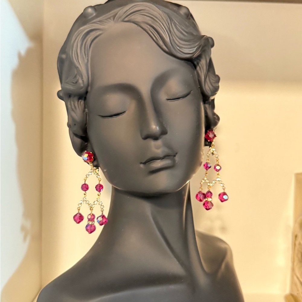 Vintage Dark Pink AB Crystal Chandelier Clip On Earrings